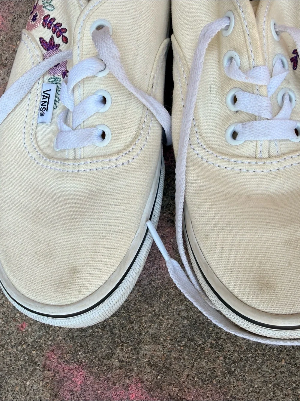 Vans Women's Cream Canvas Sneakers with Purple & Green Floral Embroidery